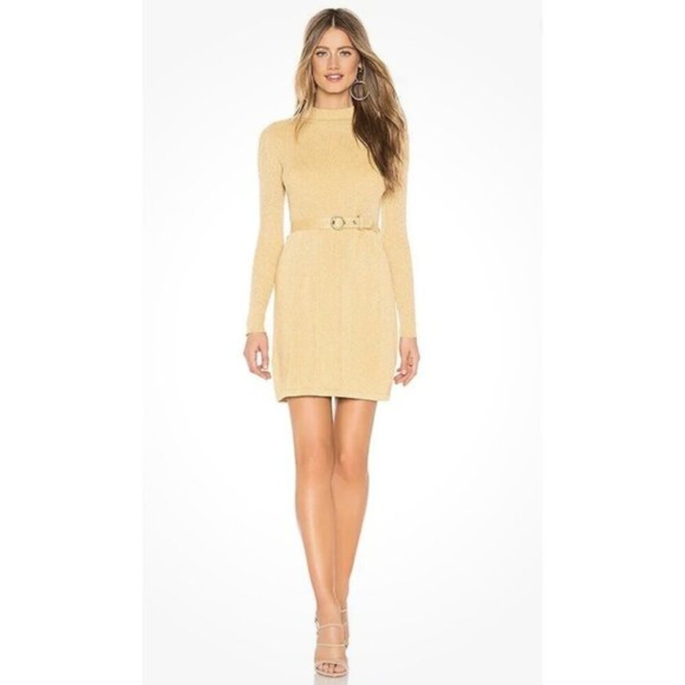 $108 Free People French Girl Mini Sweater Dress Large L Gold Metallic Stretch